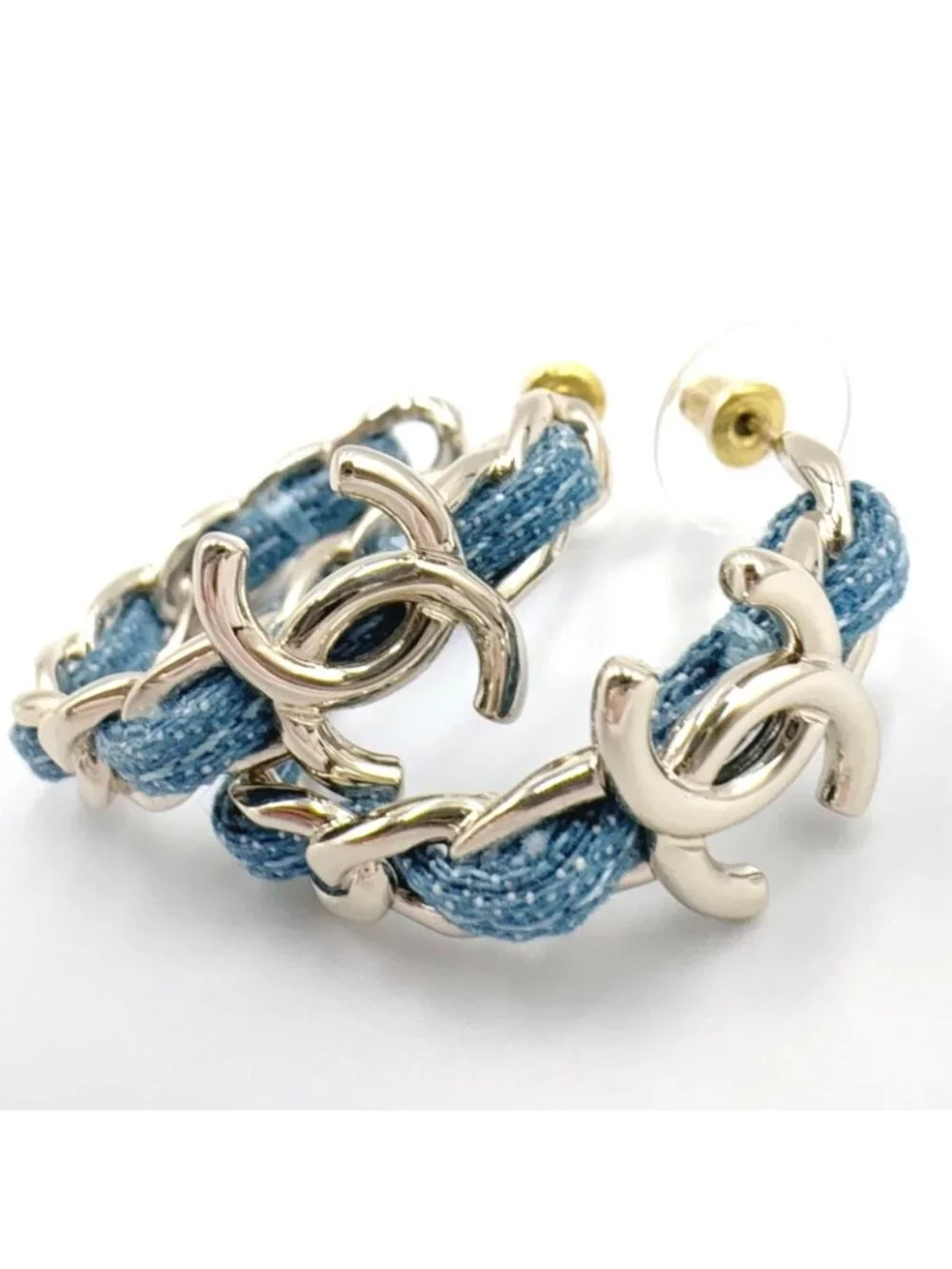 Chanel CC Logo Hoop Metal Denim Silver Blue Earrings